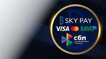 Изображение популярных платежных логотипов, таких как Visa, Mastercard и МИР, а также Sky Pay, подчеркивающее гибкость платежей в Игорный дом Lev.